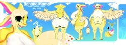 3_fingers 3_toes 4_ears absurd_res anthro ass avali avian banana banana_mama_goldfeather_(avali) big_breasts big_butt black_claws blue_background border breasts character_name claws color_swatch feather_hair feather_skirt feathered_wings feathers feet female female_(lore) fingers food fruit gender_name gingerrey green_eyes happy height hi_res huge_breasts huge_butt information measurements milk milk_in_cup model_sheet multi_ear nipples non-mammal_breasts non-mammal_teats non-mammal_udders orange_body orange_feathers pink_inner_ear pink_insides pink_tongue plant pseudo_hair sharp_teeth simple_background smile solo species_name stated_gender teats teeth text toes tongue udders vulva white_body white_border white_breasts white_butt white_feathers winged_arms wings yellow_body yellow_ears yellow_feathers yellow_nipples yellow_udders
