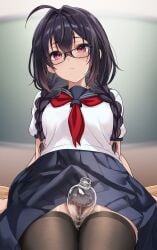 1girls absurdres ahoge between_thighs black-framed_eyewear black_hair black_thighhighs blue_sailor_collar blue_skirt braid breasts closed_mouth commentary_request crossed_bangs frown glasses hair_between_eyes highres indoors light_blush long_hair looking_at_viewer low_twin_braids medium_breasts megane-chan_(yufou) neckerchief original pink_eyes plastic_bottle pleated_skirt puffy_short_sleeves puffy_sleeves red_neckerchief sailor_collar school_uniform shirt short_sleeves sitting skirt solo thighhighs twin_braids white_shirt yufou