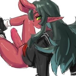 1futa back bottomless breasts chaiko_(artist) clothed clothing demon demon_futa demon_girl erection futa_only futanari green_eyes green_hair horns huge_cock humanoid humanoid_penis long_ears long_hair looking_back partially_clothed penis pointy_ears sitting solo solo_futa