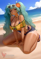 1girls 2d ai_generated aqua_hair ass barefoot big_ass big_breasts bikini bracelet brazilian_miku breasts dark-skinned_female earrings erophoenix eyewear_on_head feet female full_body grin hair_flower hair_ornament hatsune_miku huge_breasts jewelry kneeling long_hair looking_at_viewer looking_back nail_polish patreon_username shorts smile soles solo solo_female sunglasses swimsuit tan tellow_shirt thick thick_thighs toes uncensored vocaloid