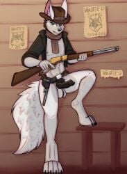 animal_genitalia animal_penis anthro belt bottomless canid canine canine_genitalia canine_penis clothed clothing digitigrade english_text genitals gun handgun hat headgear headwear hi_res jacket knot male mammal penis ranged_weapon revolver rifle scarf solo text topwear vizelius wanted_poster weapon