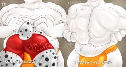 absorption_vore absurd_res big_pecs blush blush_lines bovid bunny_the_goat canid canine canis caprine clothing dalmatian domestic_dog felloweirdo goat hi_res jockstrap mammal musk nipples pecs pectoral_bulge pectoral_vore underwear vore