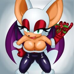 2d 2d_(artwork) 2d_artwork bat_ears bat_wings big_boobies big_breasts big_thighs big_titties busty busty_female cleavage cleavage_overflow deliciouscake green_eyes large_breasts latex_clothing long_gloves red_eyeshadow red_lipstick rouge_the_bat sega smiling_at_viewer sonic_(series) sonic_the_hedgehog_(series) tight_clothing