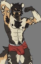 abs absurd_res african_wild_dog anthro areola arm_hair armpit_hair balls balls_outline beard belly belly_hair biceps big_bulge big_muscles bodily_fluids body_hair bulge canid canine chest_hair clothed clothing deltoids detailed_bulge digital_media_(artwork) ear_piercing erection erection_under_clothing eyebrow_piercing eyebrows facial_hair facial_piercing flexing fur genital_fluids genital_outline genitals hair hairs hi_res humanoid humanoid_genitalia humanoid_penis looking_at_viewer male mammal moustache muscular muscular_anthro muscular_male navel navel_piercing nipples nyvel5 outronyvel pecs penis penis_outline piercing pubes quads scar serratus simple_background solo standing tail tenting thick_arms thick_thighs topless topless_anthro topless_male tuft underwear underwear_only