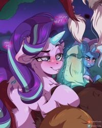 1boy 2girls angry animal_genitalia animal_penis annoyed blue_eyes blush discord_(mlp) dragon ears_down female female_on_top horny horny_female horse magic mett_04 mlp_g4 my_little_pony my_little_pony night pink_fur pleasure_face pony ponytail pov purple_hair spit starlight_glimmer starlight_glimmer_(mlp) trixie_(mlp) trixie_lulamoon