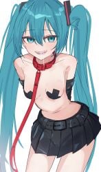 aqua_eyes aqua_hair arm_warmers arms_behind_back belt belt_collar black_skirt blush breasts collar collarbone cowboy_shot cross cross_pasties cum cum_in_mouth double-parted_bangs female hair_between_eyes hatsune_miku highres implied_after_fellatio leaning_forward leash long_hair looking_at_viewer miniskirt open_mouth pasties pleated_skirt red_collar simple_background skirt small_breasts solo stomach teeth thinker25075754 twintails very_long_hair vocaloid white_background