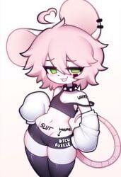 ai_generated anthro furry fuzzle fuzzleedits_(artist) green_eyes mouse mouse_ears mouse_tail pink_hair short_hair stretching text text_on_body young