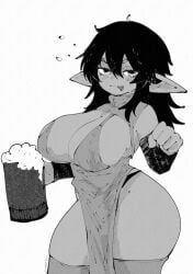 1girls beer beer_mug big_breasts black_hair cleavage drunk female goblin goblin_female grayscale hair_between_eyes holding_mug large_breasts messy_hair miregeist monochrome mug panties pelvic_curtain pointy_ears shortstack thick_thighs thighhighs tounge_out
