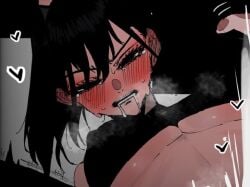 black_hair blush blush carrot_011 drool drool_on_face hololive hololive_english implied_sex ouro_kronii painted_nails short_hair vtuber