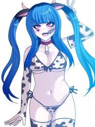 alternate_version_available amemiya_darumi bikini blue_hair blush choker cow_ears cow_girl cow_horns cow_print headband heart_mark makeup navel_piercing oerba_yun_fang peace_sign running_mascara safety_pin smiling the_hundred_line_-last_defense_academy- twintails