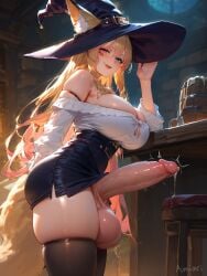 1futa absurd_res adventurer ai_generated amiiari arm_rest big_breasts big_penis blonde_hair blue_eyes boots bursting_breasts cleavage detailed dickgirl dripping embarrassed erection fantasy fox_ears fox_girl fox_tail foxyevoxy from_side futa_only futanari heterochromia highres holding_hat huge_ass huge_breasts intersex large_penis long_penis mage massive_penis oerba_yun_fang open_mouth penis penis_to_the_knees pink_eyes pink_hair precum precum_drip precum_string shaking skirt skirt_lift smug tenting thick_thighs thigh_strap thighhighs virtual_youtuber vtuber witch_hat