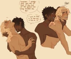 achilles blonde_hair blush brown_hair brown_skin censored choking flustered gay gay_sex greek_mythology hair_pull hair_pulling hickey hickey_marks homosexual iliad justvea love_bite patroclus pulling_hair sexual_tension smiling teasing trojan_war
