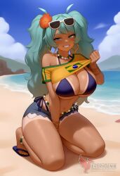 1girls 2d ai_generated aqua_hair ass barefoot big_ass big_breasts bikini bracelet brazilian_miku breasts dark-skinned_female earrings erophoenix eyewear_on_head feet female full_body grin hair_flower hair_ornament hatsune_miku huge_breasts jewelry kneeling long_hair looking_at_viewer looking_back nail_polish patreon_username shorts smile soles solo solo_female sunglasses swimsuit tan tellow_shirt thick thick_thighs toes uncensored vocaloid