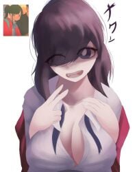1girls black_hair cleavage female girlfriend_(japanese_mcdonald's_commercial) hair_over_one_eye large_breasts looking_at_viewer mcdonald's naxless open_mouth open_shirt partially_open_shirt reference_image school_uniform simple_background solo solo_female solo_focus toby_fox translation_request unbuttoned unbuttoned_shirt white_background