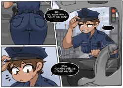 1boy 1girls ass baecohn big_breasts big_penis breasts brown_eyes brown_hair car comic dialogue english_text female female_focus grey_body leaning_forward male nervous original original_character penis penis_awe police police_uniform policewoman pussy_visible_through_clothes sweat tan_body text uncensored