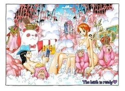 2girls animal bath bathing big_breasts black_hair book breasts brown_eyes bubbles cowboy_hat female female_only legs long_hair money_bag monkey naked nami navel nico_robin nude nude_female oda_eiichirou official_art one_piece only_female orange_hair panda stomach talking tattoo tied_hair treasure treasure_chest