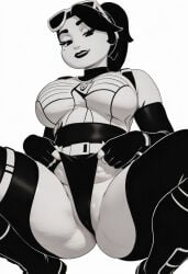 ai_generated black_eyes black_hair cameltoe fortnite fortnite:_battle_royale glasses_on_head juiceyarts large_breasts looking_at_viewer monochrome panty_pull smile