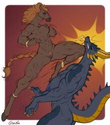 anklet anthro big_breasts blood blood_from_mouth blood_in_mouth bodily_fluids bouncing_breasts braided_tail breasts darkened_pussy dragon duo equid equine female female/female fight goolee hair hitting_another hooves horn horse huge_breasts jewelry mammal muscular muscular_anthro muscular_female mythological_creature mythological_scalie mythology nosebleed nude nude_female orange_hair scalie spiked_tail spikes spikes_(anatomy) sweat tail violence vulva