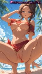1girls 2025 ai_generated bangs bare_shoulders barefoot beach bikini blue_eyes blue_sky blush braid breasts brown_hair feet hi_res highres large_breasts looking_at_viewer natsuyoru navel nipples off_shoulder open_mouth outdoors palm_tree patreon pussy red_shirt sarong shaved_vagina shirt sky solo spread_legs squatting stomach swimsuit thighs toes tree twin_braids umbrella uncensored vagina voluptuous voluptuous_female wet