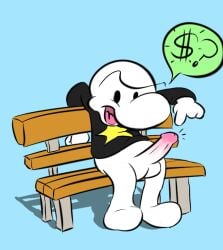 1boy ? balls bench black_shirt bone_(series) dollar_sign erection grandschemetheme light_blue_background long_sleeves male male_only penis phoney_bone shirt shirt_only simple_background solo star_print toony toony_face white_skin