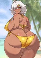 1girls ahoge ass back_view beach big_breasts bikini boobs dark-skinned_female dat_ass golden_bikini hair_over_one_eye huge_breasts looking_back nipple_bulge oc original original_character seireiart sideboob smile solo solo_female thick_thighs thighs tiana_(seireiart) wet wet_body white_hair yellow_eyes