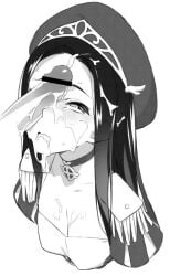 1boy after_fellatio bar_censor blush breasts bukkake censored choker clarice_lapis collarbone cum cum_in_mouth cum_on_body cum_on_breasts cum_on_clothes cum_on_hair cum_on_tongue ejaculation facial female greyscale hat heart long_hair monochrome penis penis_on_face salt_(salty) simple_background solo_focus straight uchi_no_hime-sama_ga_ichiban_kawaii white_background