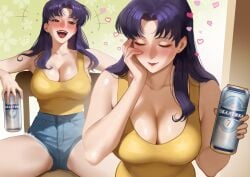 1girls beer beer_can big_breasts blush busty canned_drink clothed drunk female female_only huge_breasts jean_shorts kirani large_breasts laughing light-skinned_female light_skin milf misato_katsuragi mostly_clothed neon_genesis_evangelion purple_hair shorts tipsy