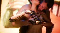 cybernetics cyberpunk cyberpunk_2077 female_v jackie_welles male/female romantic romantic_ambiance romantic_couple small_breasts