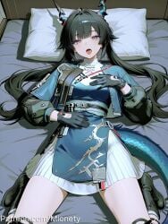 ai_generated arknights arknights_endfield artist_name bed bed_sheet belt black_footwear black_gloves black_hair black_socks blue_dress blue_eyes blue_horns blue_jacket blush boots breasts chen_qianyu_(arknights) chinese_clothes coat dragon_girl dragon_horns dragon_tail dress fangs female full_body gloves green_eyes green_hair hair_intakes horns jacket long_hair long_sleeves looking_at_viewer lying medium_breasts mionety oerba_yun_fang on_back on_bed open_clothes open_jacket open_mouth pillow shirt sidelocks skirt socks solo tail teeth thighs tongue tongue_out very_long_hair white_skirt