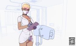 big_breasts cleavage condom condom_on_penis dmitrys eye_contact facemask femboy futa_only futanari intersex milking_machine nurse nurse_uniform peach_(dmitrys) penis sole_futa
