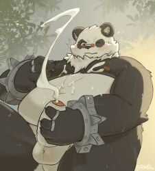 1boy ^^^ animal_ears artist_name bara bare_pectorals belly biceps black_fur bracelet chinese_commentary claws commentary_request cum ejaculation fat foreskin furry furry_male highres jewelry kentachen27 looking_at_penis looking_down male_focus masturbation multicolored_fur multiple_rings nipple_stimulation nipple_tweak nipples one_eye_closed open_mouth pan_yinhu panda_boy panda_ears pectorals penis plump ring round_eyewear signature spiked_bracelet spikes testicles white_fur zenless_zone_zero