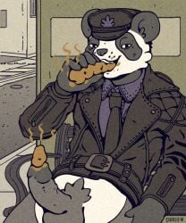 5:6 anthro artist_name bear bench bottomless city clothed clothing eating_feces erection feces feces_in_mouth feces_in_urethra feces_on_penis genitals giant_panda hat headgear headwear hi_res holding_feces jacket leather leather_clothing leather_daddy leather_hat leather_headgear leather_headwear leather_jacket leather_necktie leather_shirt leather_topwear looking_at_viewer male mammal necktie obrien_(artist) outdoor_nudity outside partial_nudity penis public public_nudity road shirt smelly solo stink_fumes stink_lines text topwear topwear_only urban urban_background