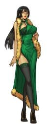 bare_shoulders black_hair black_thighhighs boa_hancock bra breasts cg china_dress chinese_clothes choker cleavage crossed_legs dress feather_boa female full_body green_background green_dress hand_on_own_hip hentai_heroes high_heels jewelry kinkoid large_breasts lingerie lipstick long_hair looking_at_viewer makeup official_art parody red_lips shoes shtupra_(hentai_heroes) side_slit simple_background smile solo standing thighhighs thighs underwear wide_hips