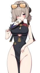 absurdres black_dress breasts brown_hair china_dress chinese_clothes closed_mouth dress eyewear_on_head female hand_fan highres holding holding_fan large_breasts looking_at_viewer short_hair short_twintails simple_background smile solo sunglasses sweety_(zenless_zone_zero) tinted_eyewear twintails w.k white_background yellow-tinted_eyewear zenless_zone_zero