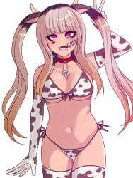 alternate_version_available amemiya_darumi bikini blush choker cow_ears cow_girl cow_horns cow_print dyed_hair gyaru headband heart_mark makeup navel_piercing oerba_yun_fang peace_sign running_mascara safety_pin smiling tanned the_hundred_line_-last_defense_academy- twintails