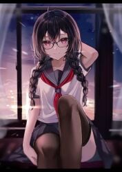 1girls absurdres ahoge arm_behind_head black_hair blue_sailor_collar blue_skirt blush braid brown_thighhighs closed_mouth curtains feet_out_of_frame glasses hair_between_eyes hair_over_shoulder highres indoors knee_up letterboxed long_hair looking_at_viewer megane-chan_(yufou) miniskirt neckerchief original pink_eyes red_eyes red_neckerchief sailor_collar school_uniform serafuku shirt short_sleeves sitting skirt sky smile solo thighhighs twin_braids white_shirt window yufou