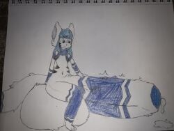 4:3 anthro balls big_balls big_penis blue_body blue_eyes blue_fur bodily_fluids eeveelution femboy fluffy fluffy_penis fluffy_tail foreskin freeziepop fur generation_4_pokemon genital_fluids genitals geopold_(freeziepop) glaceon hi_res huge_balls huge_cock humanoid_genitalia humanoid_penis hyper hyper_balls hyper_genitalia hyper_penis leaking_precum male navel nintendo penis pokemon pokemon_(species) precum scarf sitting solo stripes tail thick_thighs throbbing throbbing_penis traditional_media_(artwork) uncircumcised white_body white_fur