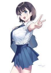 1girls :d absurdres ai-chan_(tawawa) bag black_hair blue_eyes blue_necktie blue_skirt bob_cut breasts cowboy_shot getsuyoubi_no_tawawa high-waist_skirt highres holding holding_bag kaedeko_(kaedelic) large_breasts looking_at_viewer necktie open_mouth pleated_skirt shirt shirt_tucked_in short_hair signature simple_background skirt smile solo tented_shirt thighs v white_background white_shirt