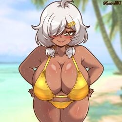 1girls ahoge artist_name beach big_breasts bikini breasts dark-skinned_female female golden_bikini hair_over_one_eye mole mole_on_breast mole_on_thigh oc original original_character seireiart smile solo solo_female tiana_(seireiart) watermark wet wet_body white_hair yellow_hair