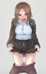 1girls absurdres black_jacket black_pantyhose black_skirt blush braid bralines breasts brown_eyes brown_hair buttons clothes_lift clothes_pull collared_shirt embarrassed female_focus formal_clothes grey_background hair_intakes highres jacket large_breasts lifting_own_clothes long_hair long_sleeves looking_down miniskirt nose_blush office_lady open_clothes open_jacket open_mouth original panties panty_pull pantyhose pantyhose_pull peeing peeing_self pencil_skirt shirt shirt_tucked_in sidelocks simple_background skirt skirt_lift skirt_suit solo standing suit sweat tears teeth tongue underwear urine v-shaped_eyebrows watakarashi wet wet_clothes wet_panties white_panties