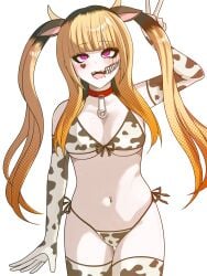 alternate_version_available amemiya_darumi bikini blush choker cow_ears cow_girl cow_horns cow_print dyed_hair gyaru headband heart_mark makeup navel_piercing oerba_yun_fang peace_sign running_mascara safety_pin smiling the_hundred_line_-last_defense_academy- twintails