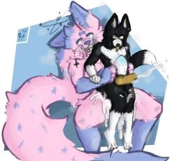 alpha_channel amos_(whitfield) animal_genitalia animal_penis anthro balls black_body bodily_fluids border_collie canid canine canine_genitalia canine_penis canis collie cum cumshot domestic_dog drooling duo ear_piercing ejaculation excessive_cum excessive_genital_fluids floppy_ears fur genital_fluids genitals glowing glowing_genitalia glowing_penis hair herding_dog hi_res knot long_hair male male/male mammal markings musk musk_clouds pastoral_dog penis piercing pink_body saliva sheepdog size_difference solcralose spots spotted_body spotted_fur stomach_bulge sweat sweatdrop tail tongue tongue_out yellow_penis zoey_(solcralose)