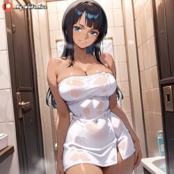 1girls ai_generated bathroom big_breasts black_hair breasts dark-skinned_female dark_skin female female_only mywaifunice nico_robin one_piece solo towel