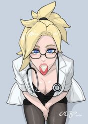 1girls above_view after_sex argskit blizzard_entertainment blue_eyes cleavage clothed cum cum_in_mouth cum_on_tongue doctor heart-shaped_pupils looking_at_viewer mercy overwatch simple_background solo tongue_out