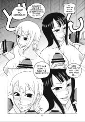 2girls 4boys areola big_breasts big_penis black_and_white blush blush_lines busty comic dialogue doujinshi franky grabbing grabbing_penis huge_breasts huge_cock monkey_d_luffy multiple_penises nami_(one_piece) nico_robin nipples one_piece orgy sanji smile text text_bubble usopp