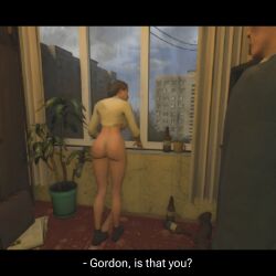 1boy 1girls 3d artist_request big_ass black_hair blue_suit english_text female female_focus g-man gordon_freeman half-life_(series) half-life_2 judith_mossman male talking text white_body