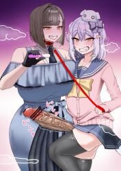 1boy 1boy1girl 1girls artist_request brown_hair collar dominant_femboy femboy femboydom huge_breasts huge_cock inuyama_tamaki leash leash_and_collar leash_pull maledom massive_penis noripro pregnancy_test trap tsukudani_norio_channel virtual_youtuber vtuber