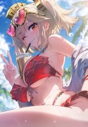 1girls ai_generated bikini blonde_hair burnice_white eyewear_on_head female red_eyes swimsuit tagme twintails yuneillusts zenless_zone_zero