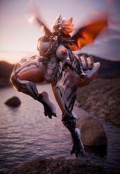 annoad anthro areola arthropod arthropod_abdomen big_breasts breasts creek female flying helldivers hi_res insect_wings nipples outside pubic_tattoo solo stalker_(helldivers) tattoo terminid thick_thighs vulva water wide_hips wings