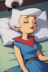 1girls ai_generated artist_name bed blue_dress breasts closed_eyes dress eyelashes eyeshadow female hanna-barbera hi_res humanization judy_jetson lipstick lying makeup on_back on_bed pillow rule34lab short_hair sleeping sleeveless sleeveless_dress solo the_jetsons white_hair